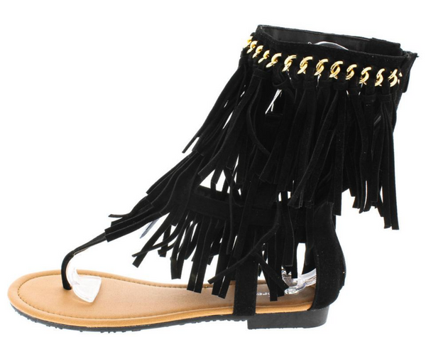 Multi Layer Fringe Thong Black Women's Sandal - Bellaroyalties - 1