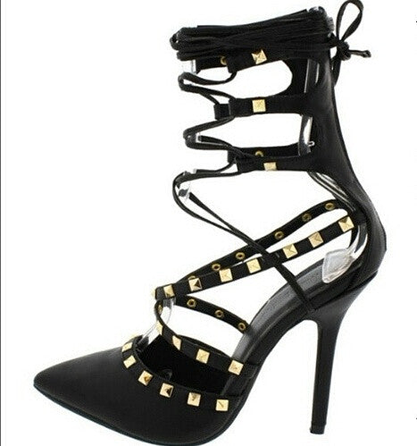 Adora Black Studded Lace Up Pointed Toe Heel - Bellaroyalties