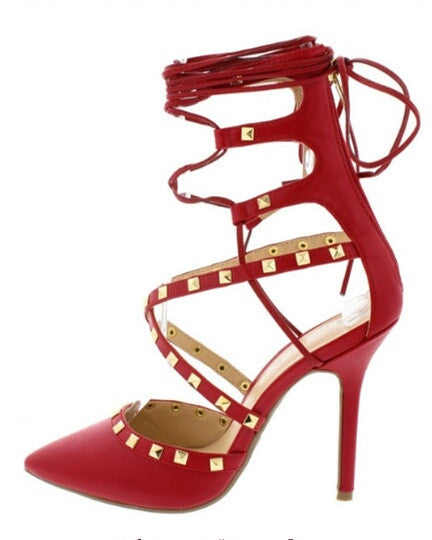 Adora Red Studded Lace Up Pointed Toe Heel - Bellaroyalties